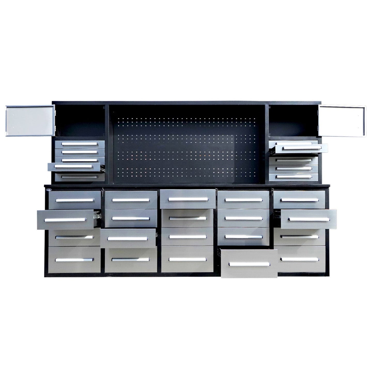 Chery Industrial 10ft Workbench Cabinet(30 Drawers, 2 Cabinets & 1 Pegboard)
