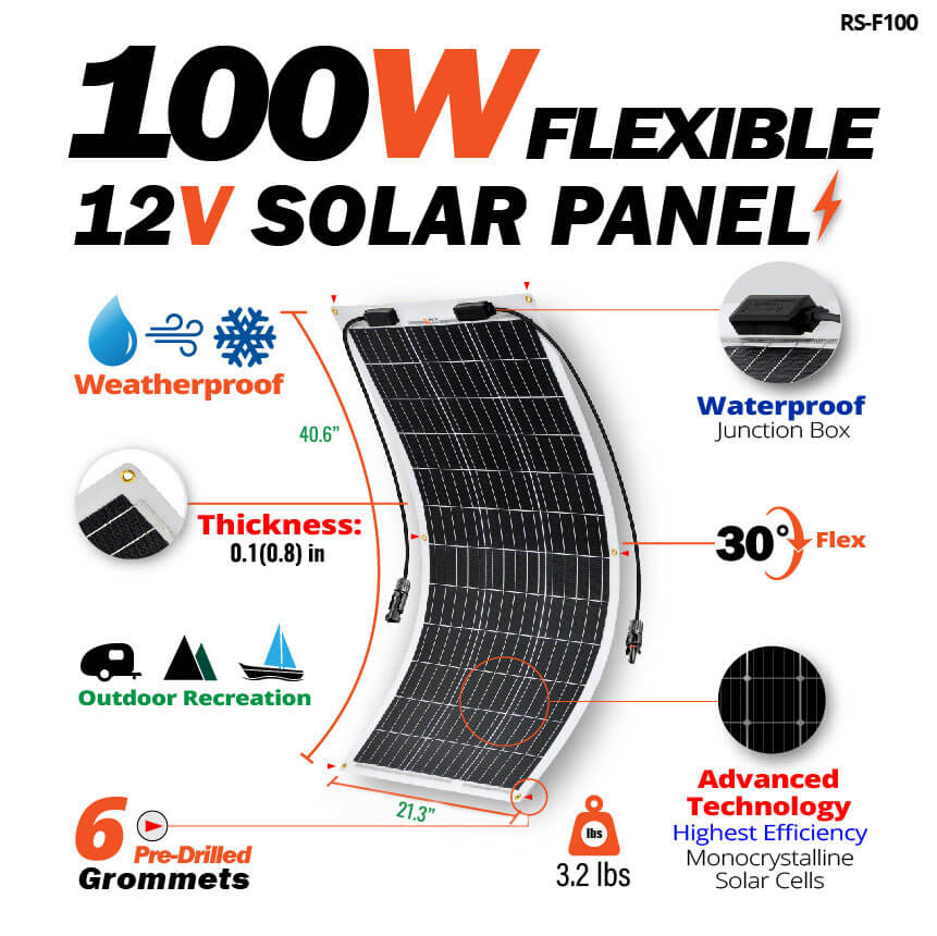 MEGA 100 FLEX | 100 Watt Flexible Solar Panel | Lightweight 12V Flexible Solar Panel for Vans, Boats, Trailers | High Efficiency