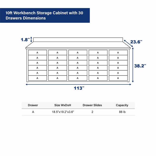 Chery Industrial 10ft Workbench Storage Cabinet with 30 Drawers