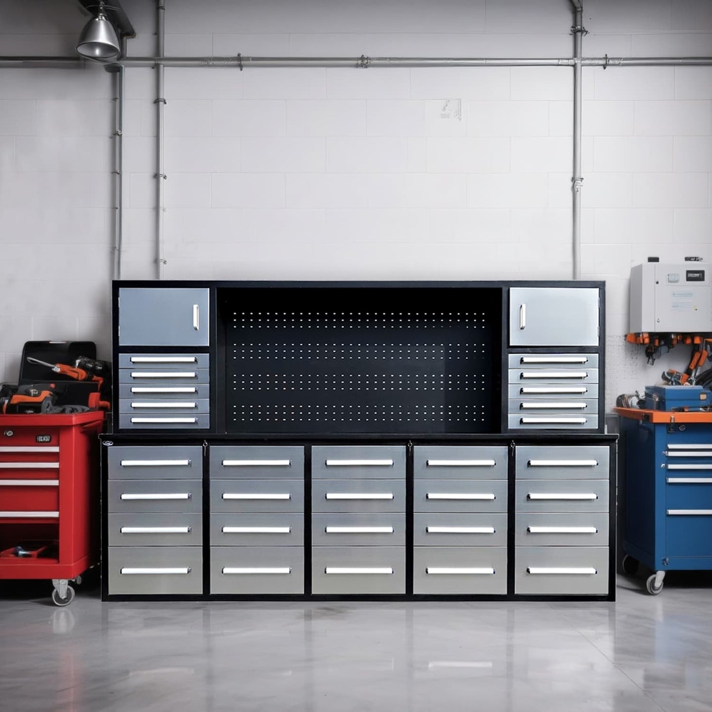 Chery Industrial 10ft Workbench Cabinet(30 Drawers, 2 Cabinets & 1 Pegboard)