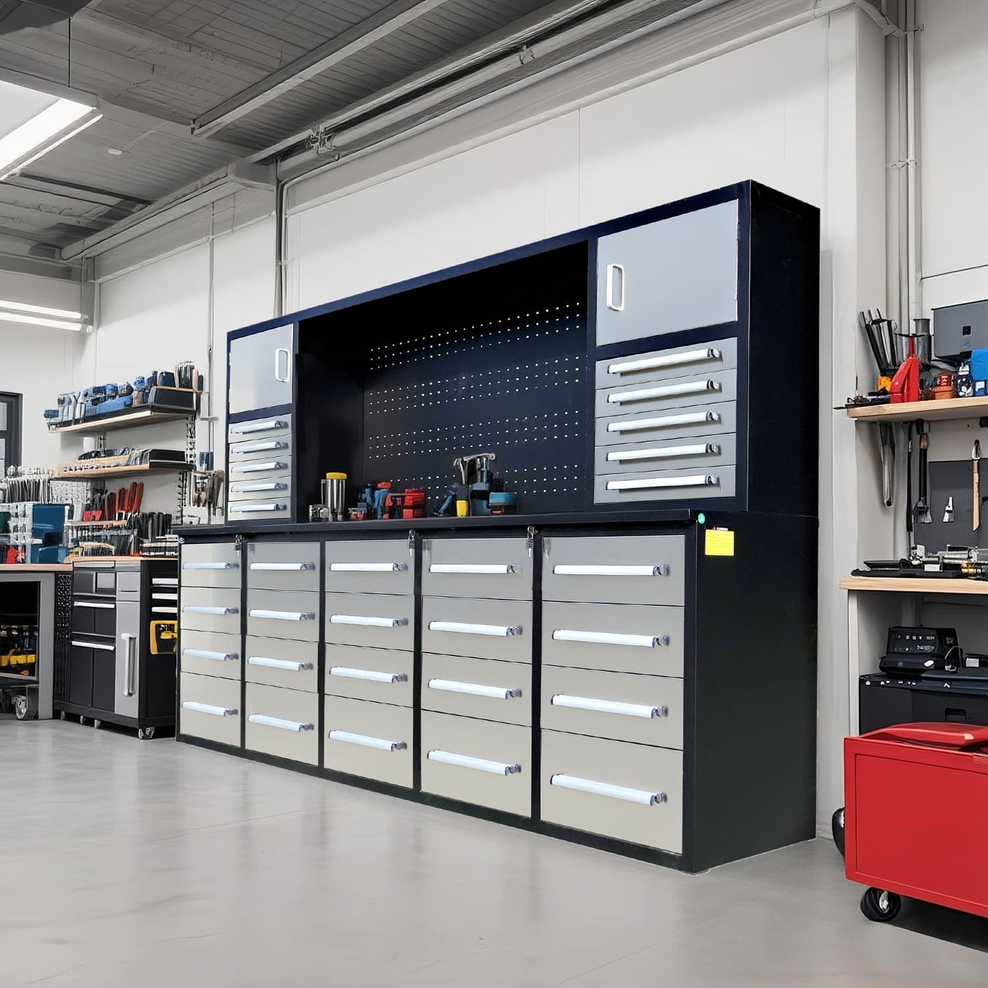 Chery Industrial 10ft Workbench Cabinet(30 Drawers, 2 Cabinets & 1 Pegboard)
