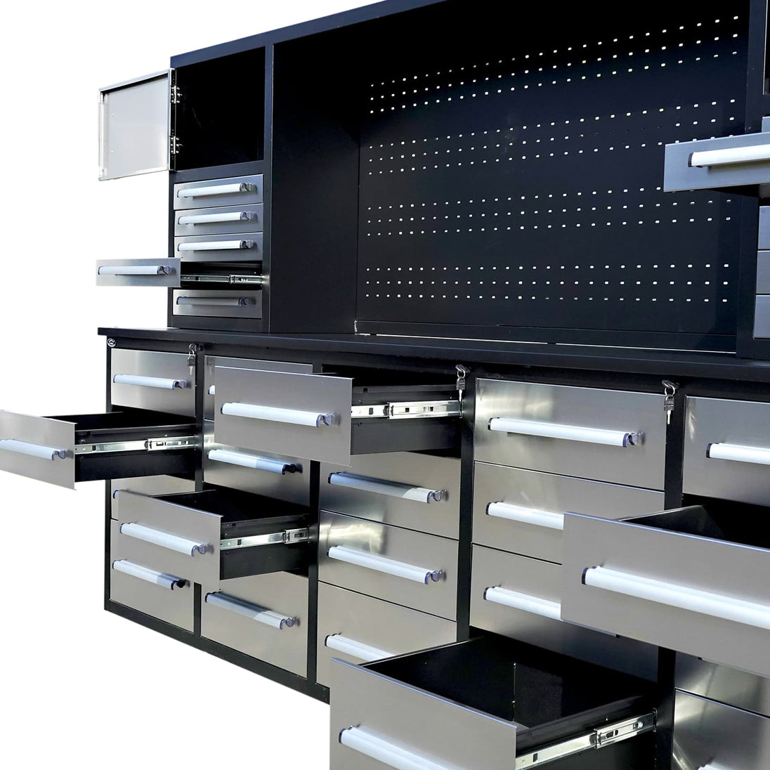 Chery Industrial 10ft Workbench Cabinet(30 Drawers, 2 Cabinets & 1 Pegboard)