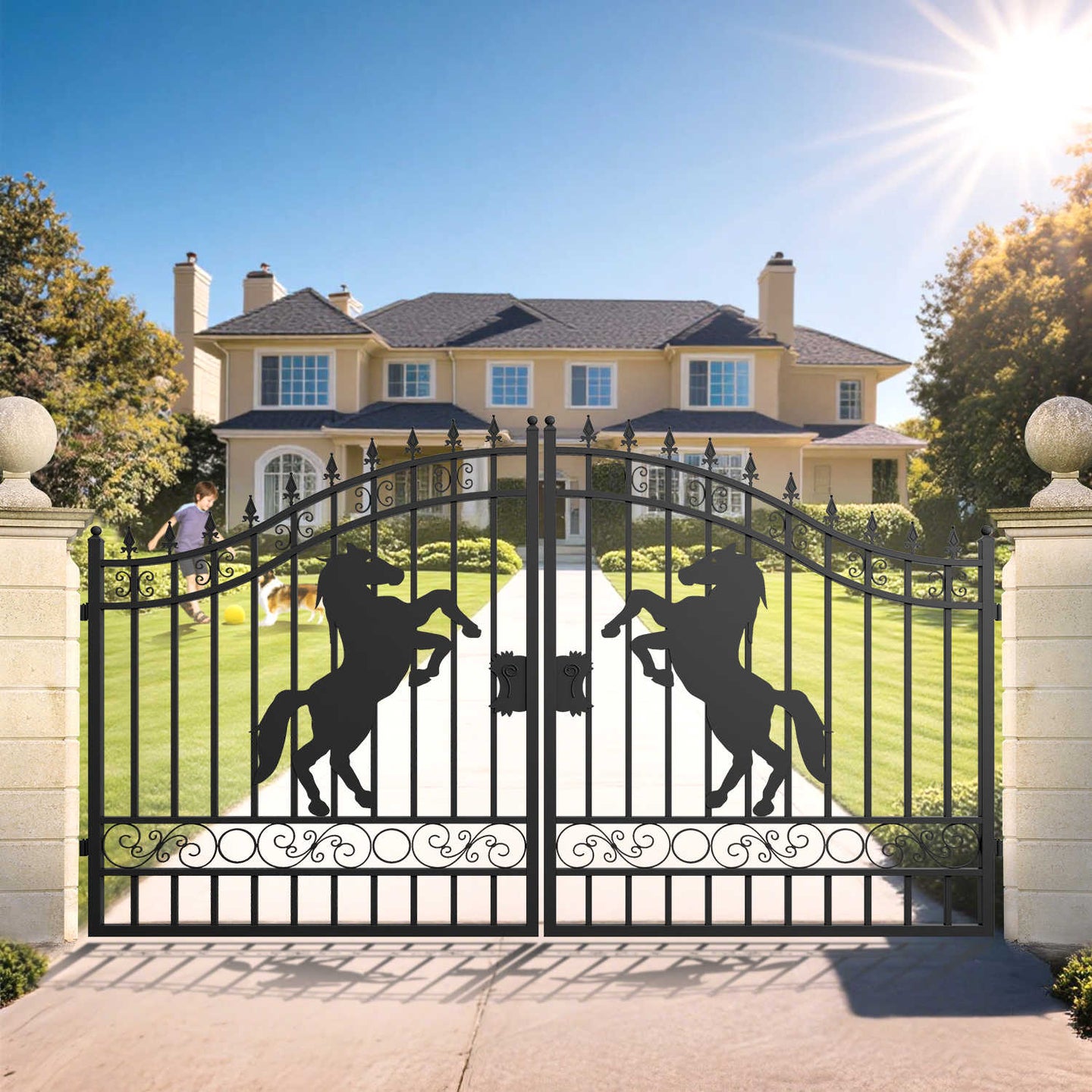 Chery Industrial 12x8 ft Dual Swing Driveway Gate with Horse Pattern
