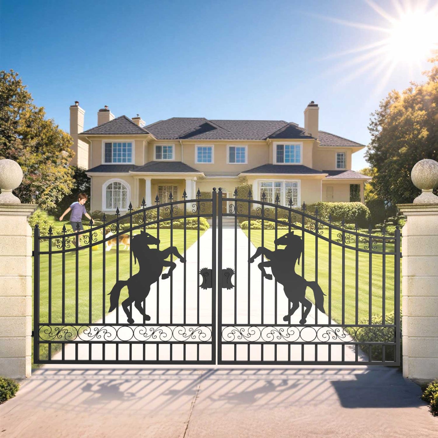 Chery Industrial 14x8 ft Steel Dual Swing Driveway Gate with Horse Pattern