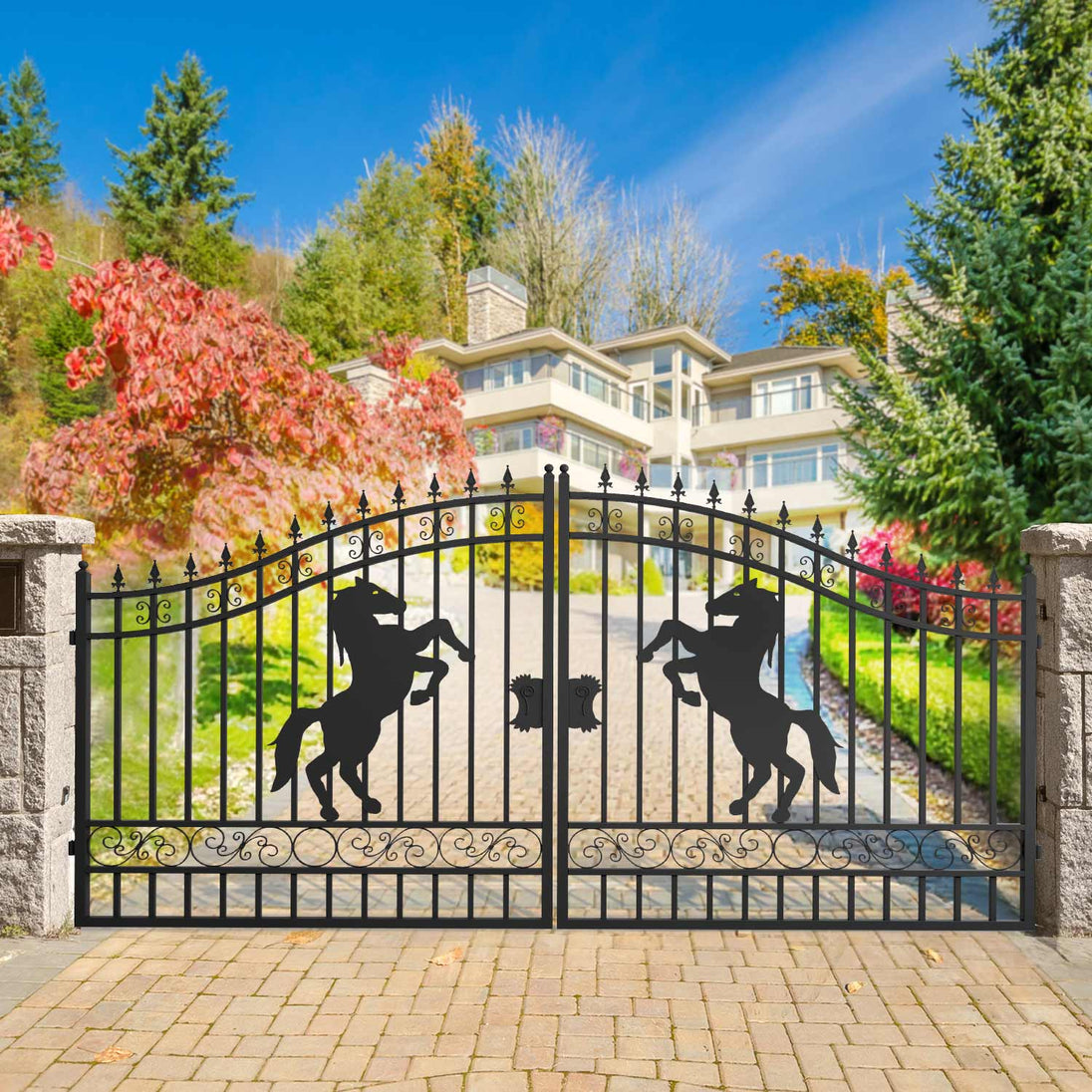 Chery Industrial 14x8 ft Steel Dual Swing Driveway Gate with Horse Pattern