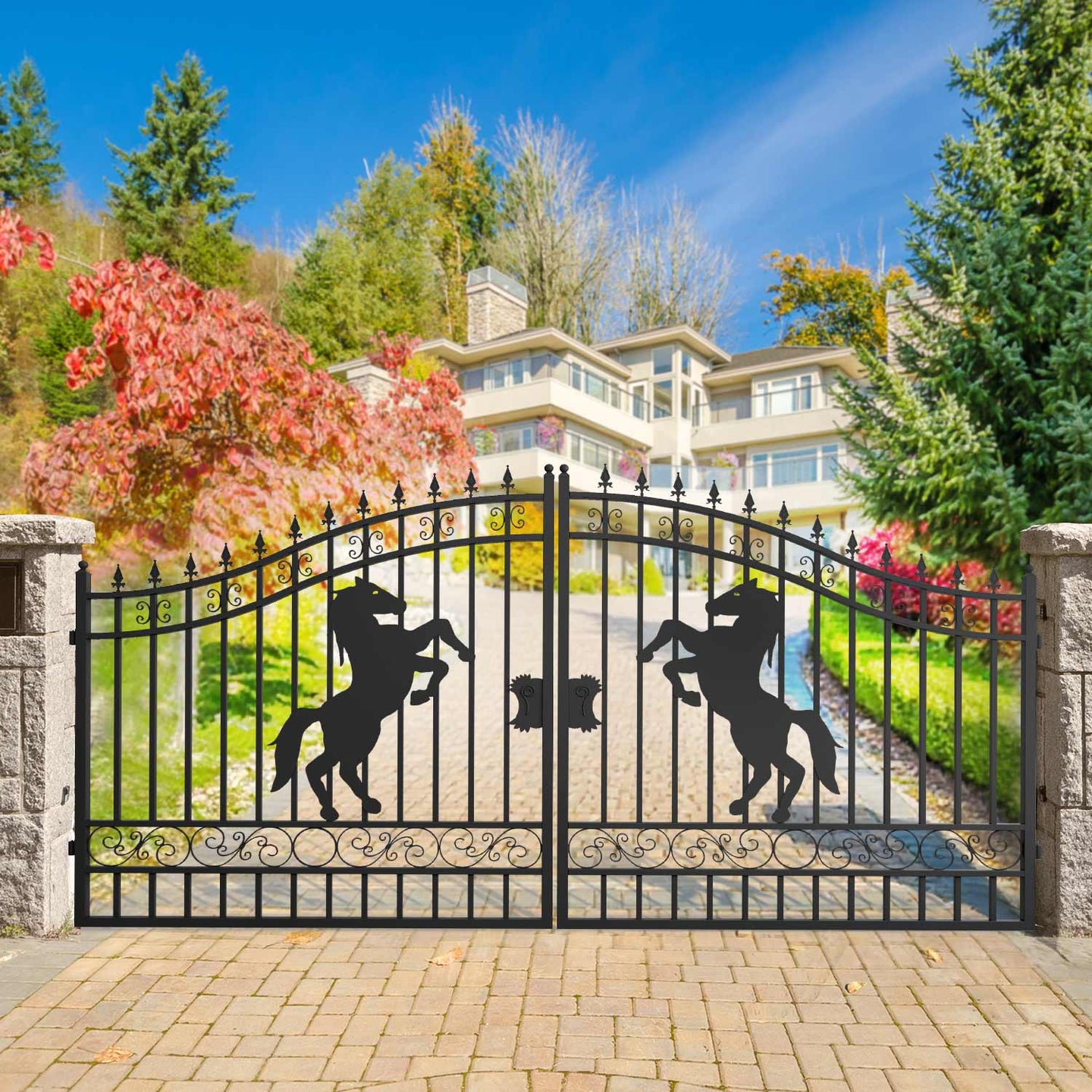 Chery Industrial 14x8 ft Steel Dual Swing Driveway Gate with Horse Pattern