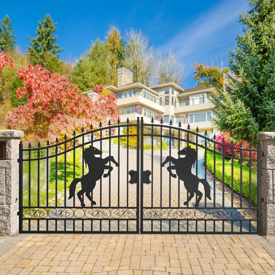 Chery Industrial 14x8 ft Steel Dual Swing Driveway Gate with Horse Pattern