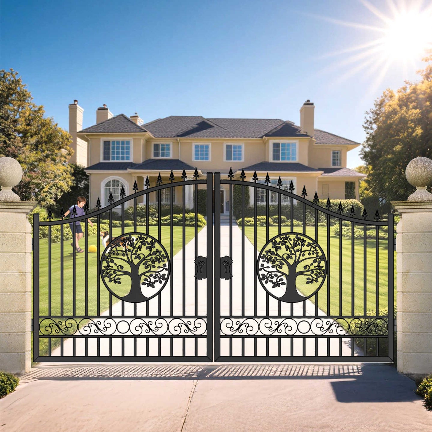 Chery Industrial 14x8 ft Steel Dual Swing Driveway Gate with Wider Goalposts