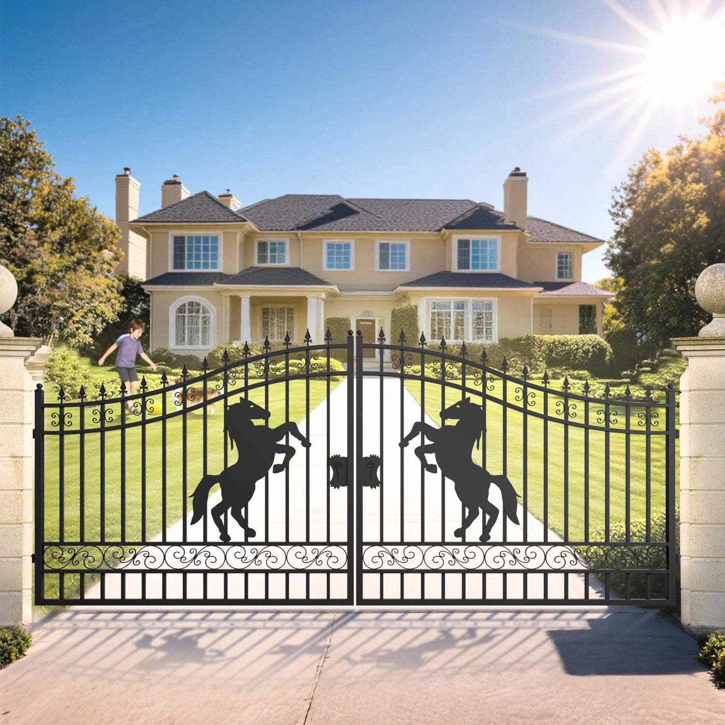 Chery Industrial 16x8 ft Steel Dual Swing Driveway Gate with Horse Pattern