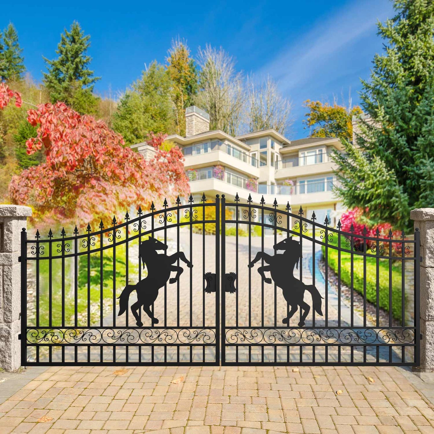 Chery Industrial 16x8 ft Steel Dual Swing Driveway Gate with Horse Pattern