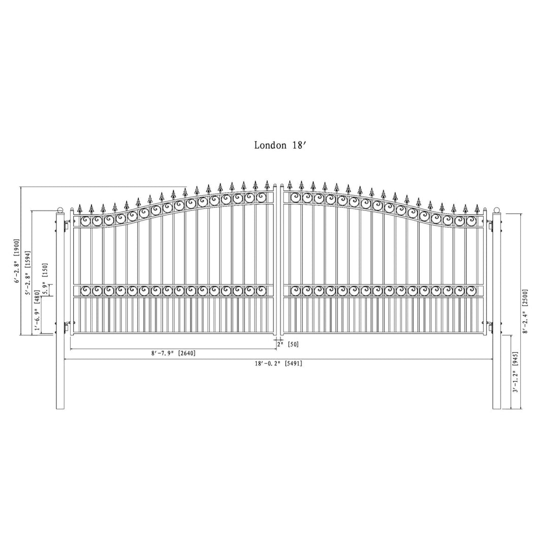 Chery Industrial 18x6 ft Steel Dual Swing Driveway Gate - LONDON Style