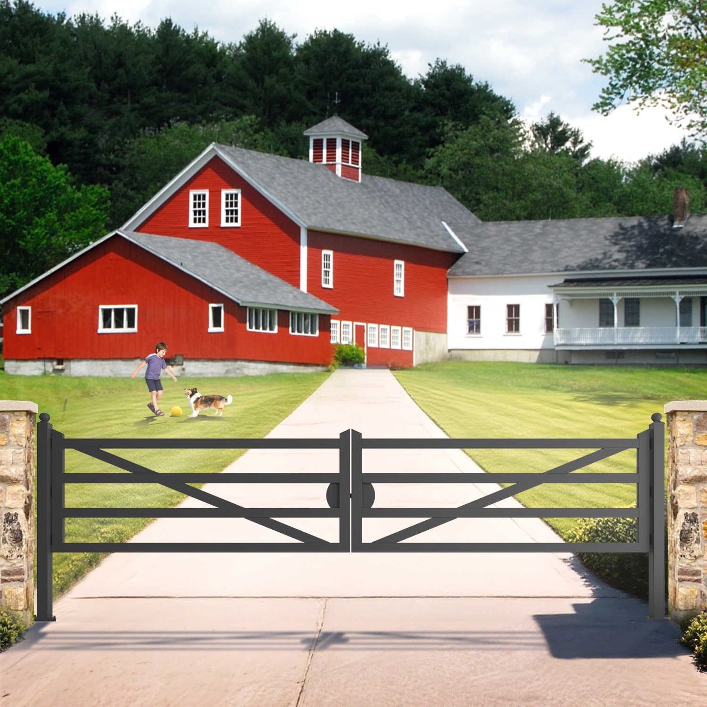 Chery Industrial 20 ft Farm Driveway Gate with Diagonal Tubes, Dual Swing
