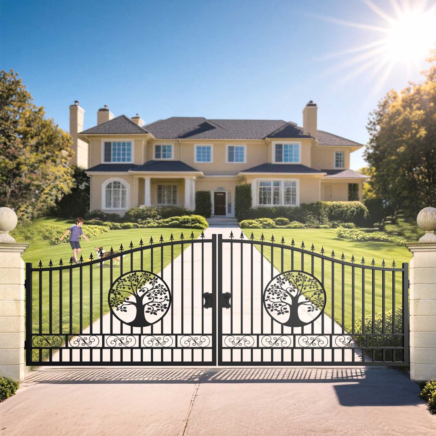 Chery Industrial 20x8 ft Steel Dual Swing Driveway Gate with Wider Goalposts