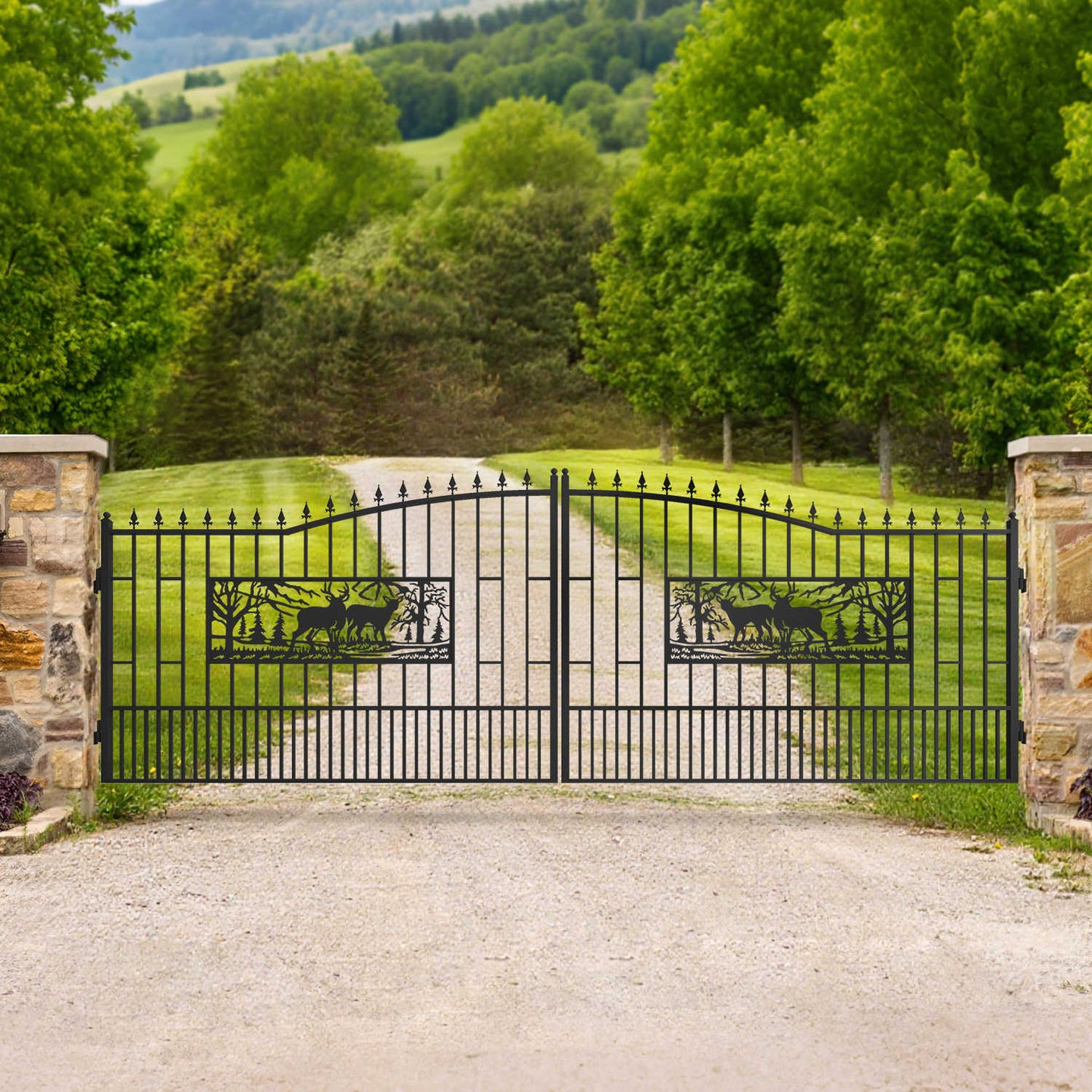 Chery Industrial 20x7 ft Steel Dual Swing Driveway Gate with Rectangular Deer Pattern