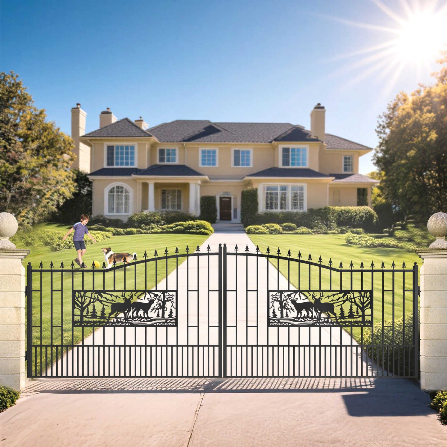 Chery Industrial 20x7 ft Steel Dual Swing Driveway Gate with Rectangular Deer Pattern