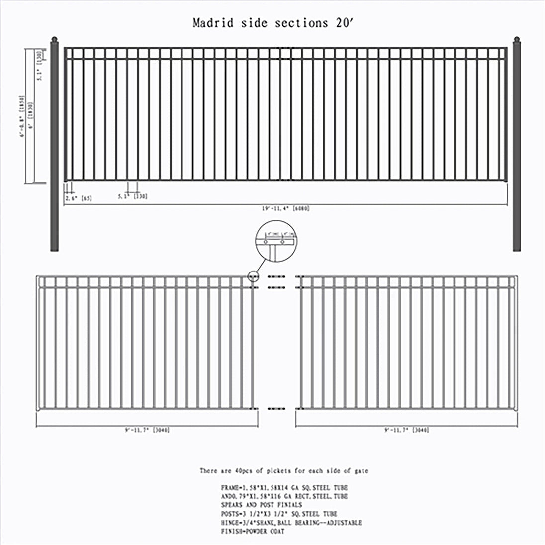 Chery Industrial 20ft Steel Sliding Driveway Gate with 5ft Pedestrian Gate