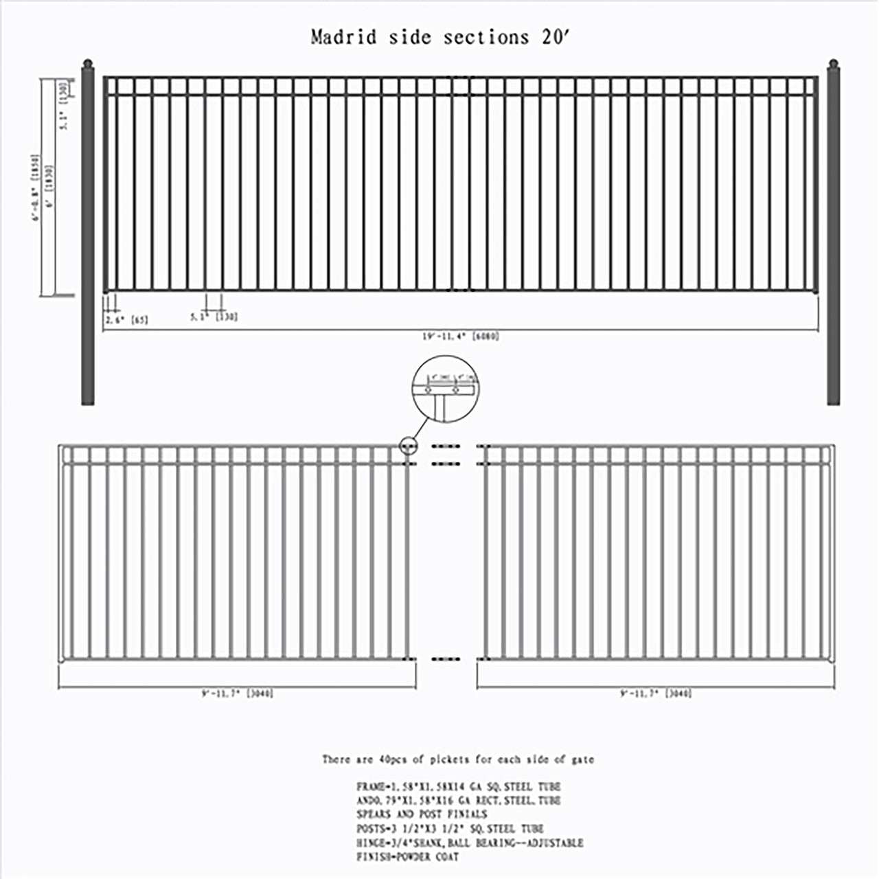 Chery Industrial 20ft Steel Sliding Driveway Gate with 5ft Pedestrian Gate