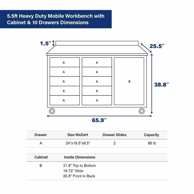 Chery Industrial 5.5ft Heavy Duty Mobile Workbench with Cabinet & 10 Drawers