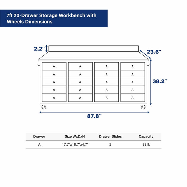 Chery Industrial 7ft 20-Drawer Storage Workbench with Wheels