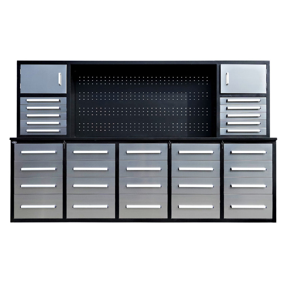 Chery Industrial | 9.5ft Storage Workbench with 30 Drawers & 2 Cabinets & 1 Pegboard