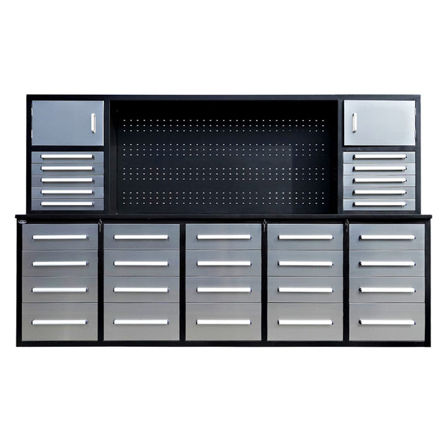 Chery Industrial | 9.5ft Storage Workbench with 30 Drawers & 2 Cabinets & 1 Pegboard
