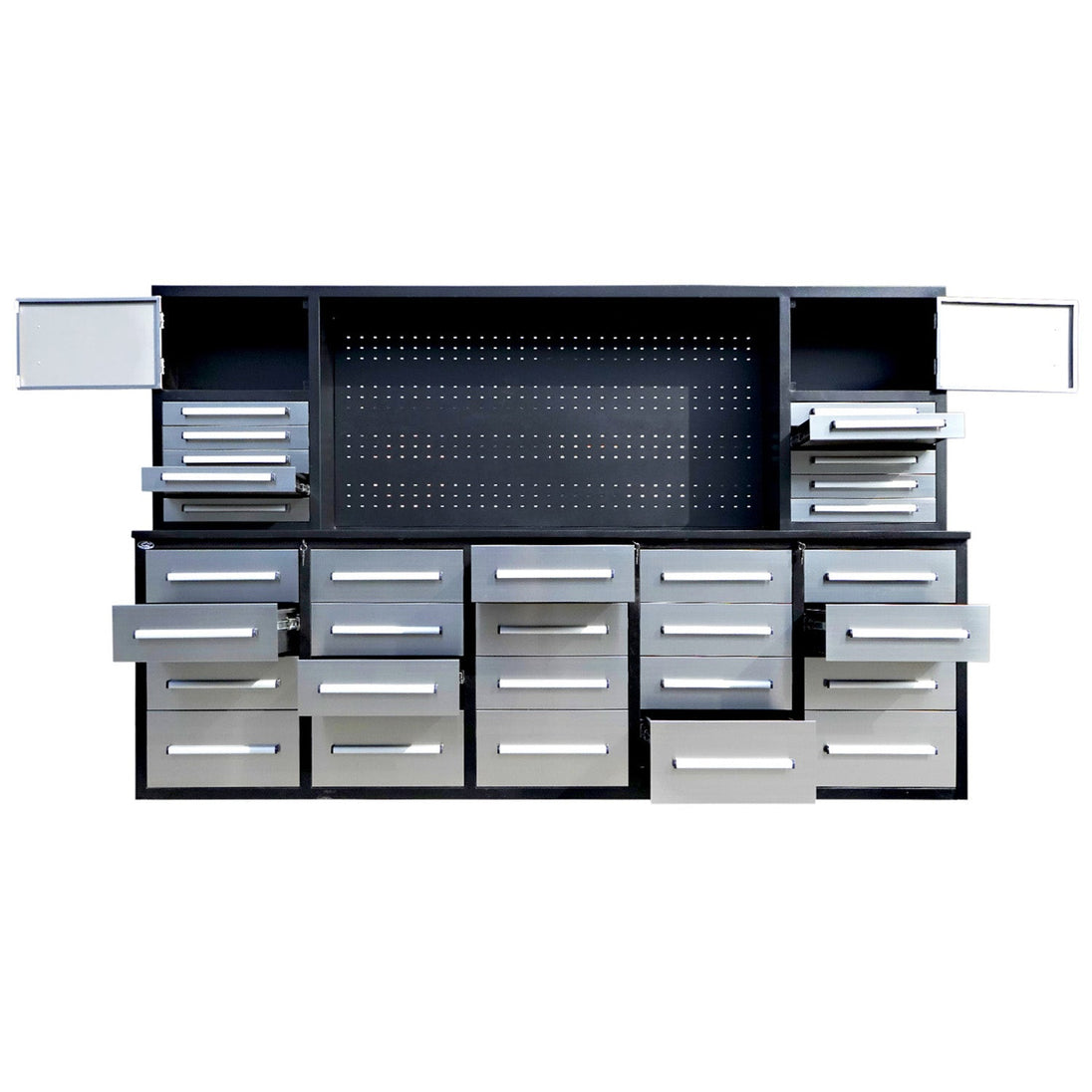Chery Industrial 9.5ft Storage Workbench with 30 Drawers & 2 Cabinets & 1 Pegboard