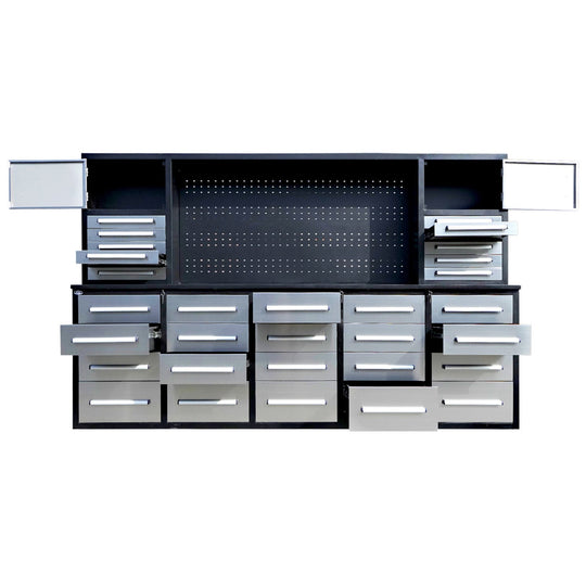 Chery Industrial 9.5ft Storage Workbench with 30 Drawers & 2 Cabinets & 1 Pegboard