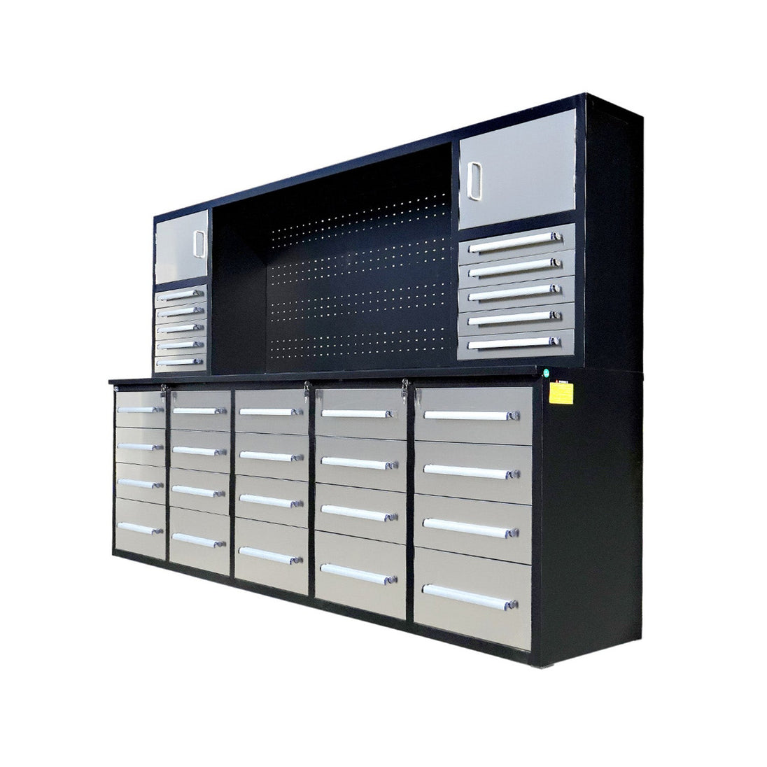 Chery Industrial 9.5ft Storage Workbench with 30 Drawers & 2 Cabinets & 1 Pegboard