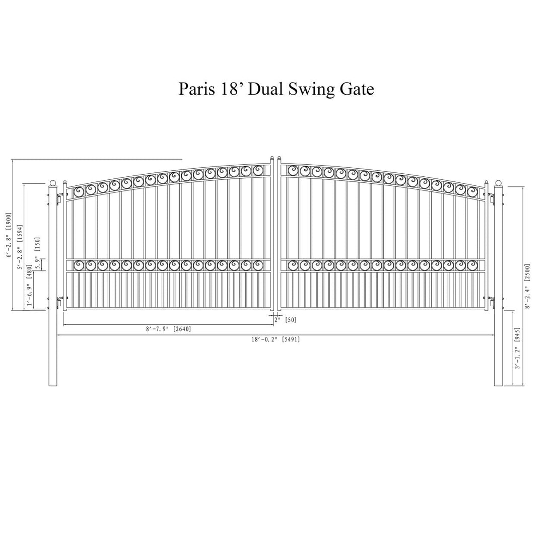Chery Industrial 18x6 ft Steel Dual Swing Driveway Gate - PARIS Style