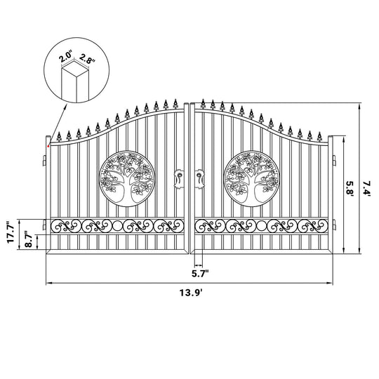 Chery Industrial 14x8 ft Steel Dual Swing Driveway Gate with Wider Goalposts
