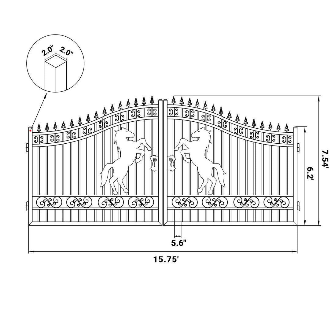 Chery Industrial 16x8 ft Steel Dual Swing Driveway Gate with Horse Pattern