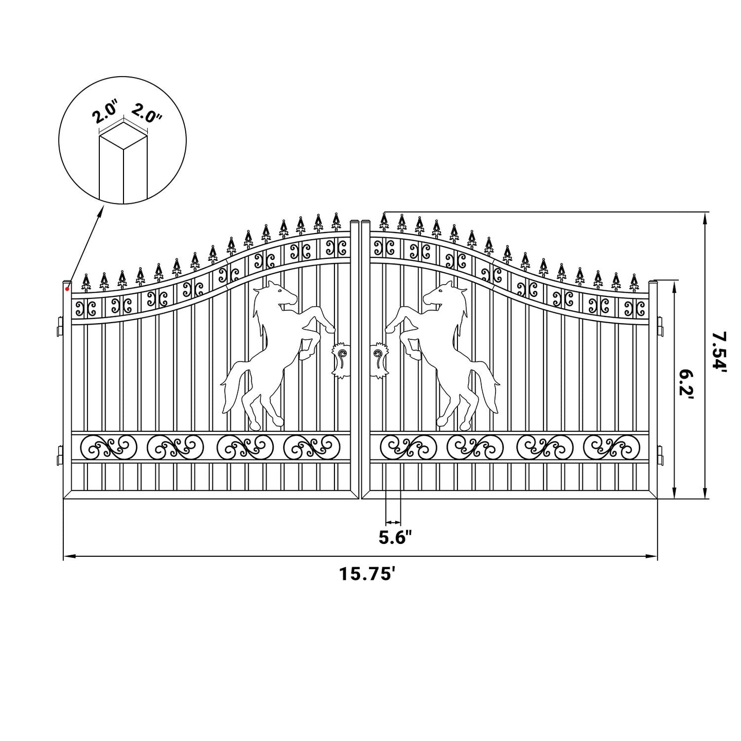 Chery Industrial 16x8 ft Steel Dual Swing Driveway Gate with Horse Pattern