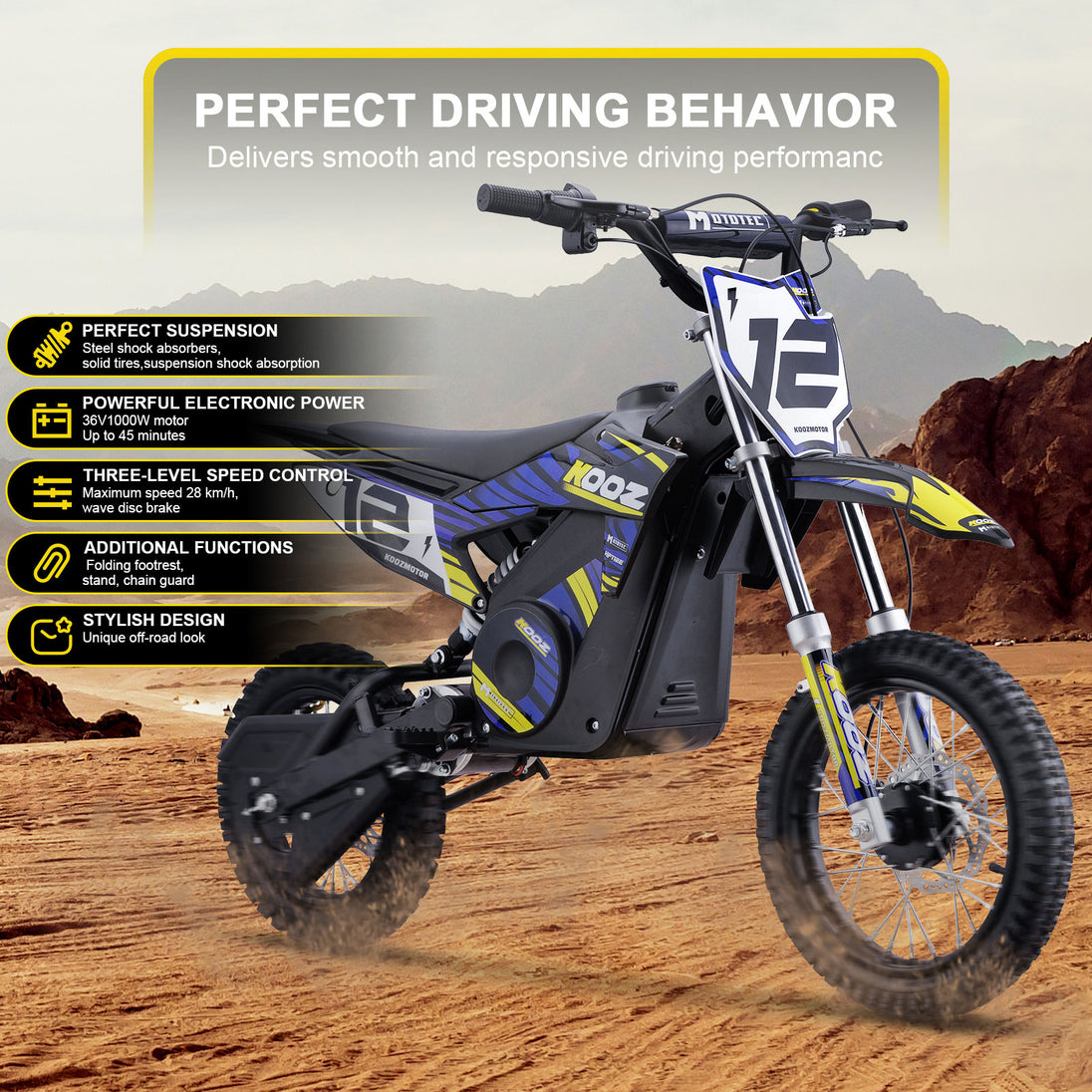 MotoTec 36v 1000w (HP112E) Electric Dirt Bike Blue - Image 2
