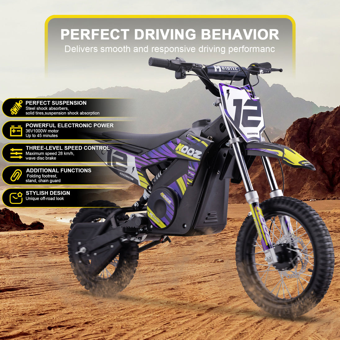 MotoTec 36v 1000w (HP112E) Electric Dirt Bike Purple - Image 2