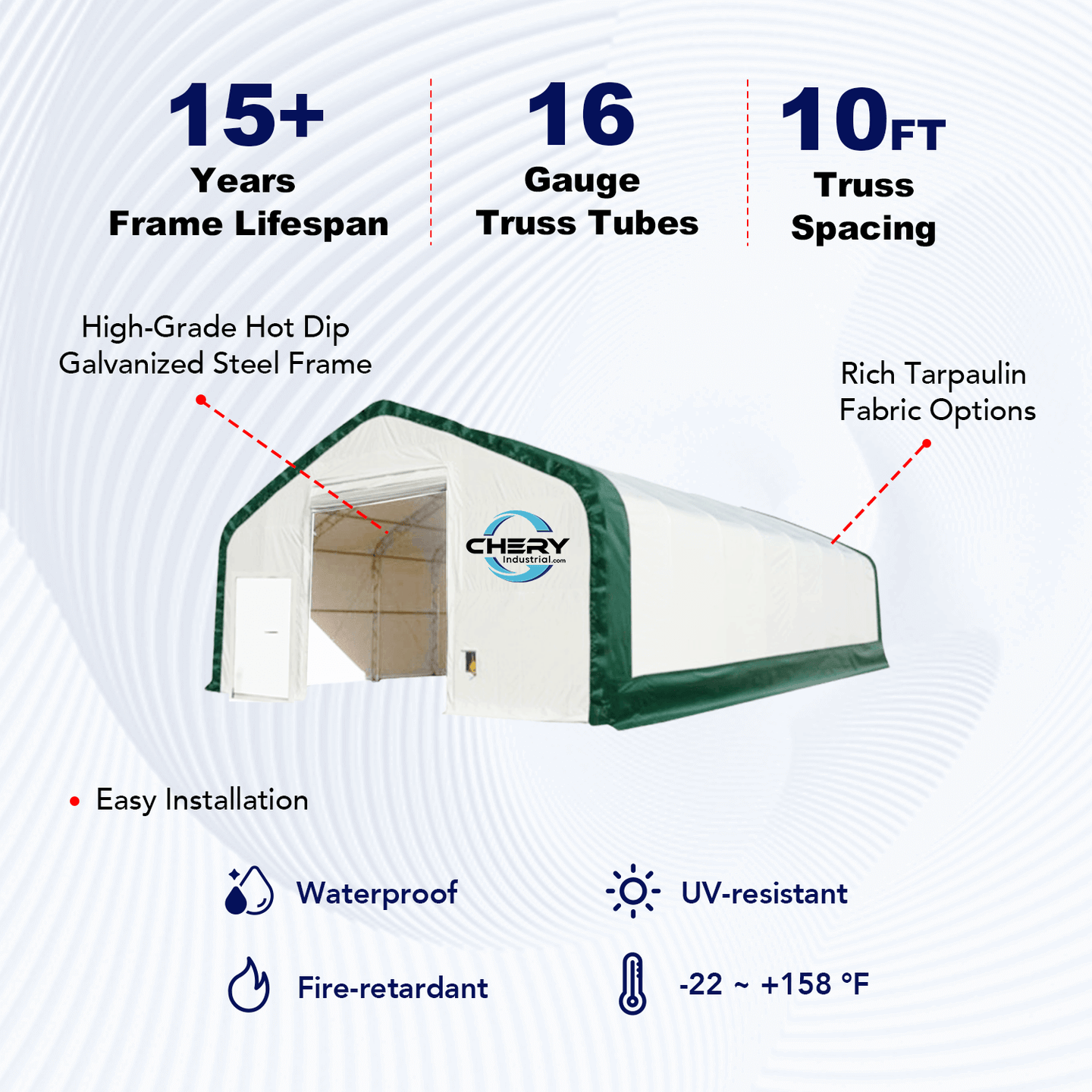 Chery Industrial W40'xL80'xH21' Double Truss Storage Shelter, 10' Truss Spacing