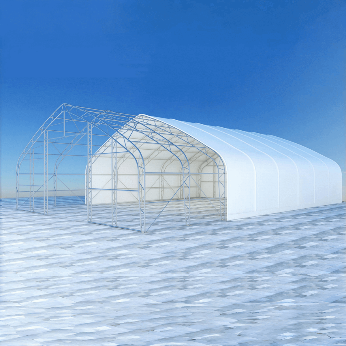 Chery Industrial W40'xL80'xH21' Double Truss Storage Shelter, 10' Truss Spacing