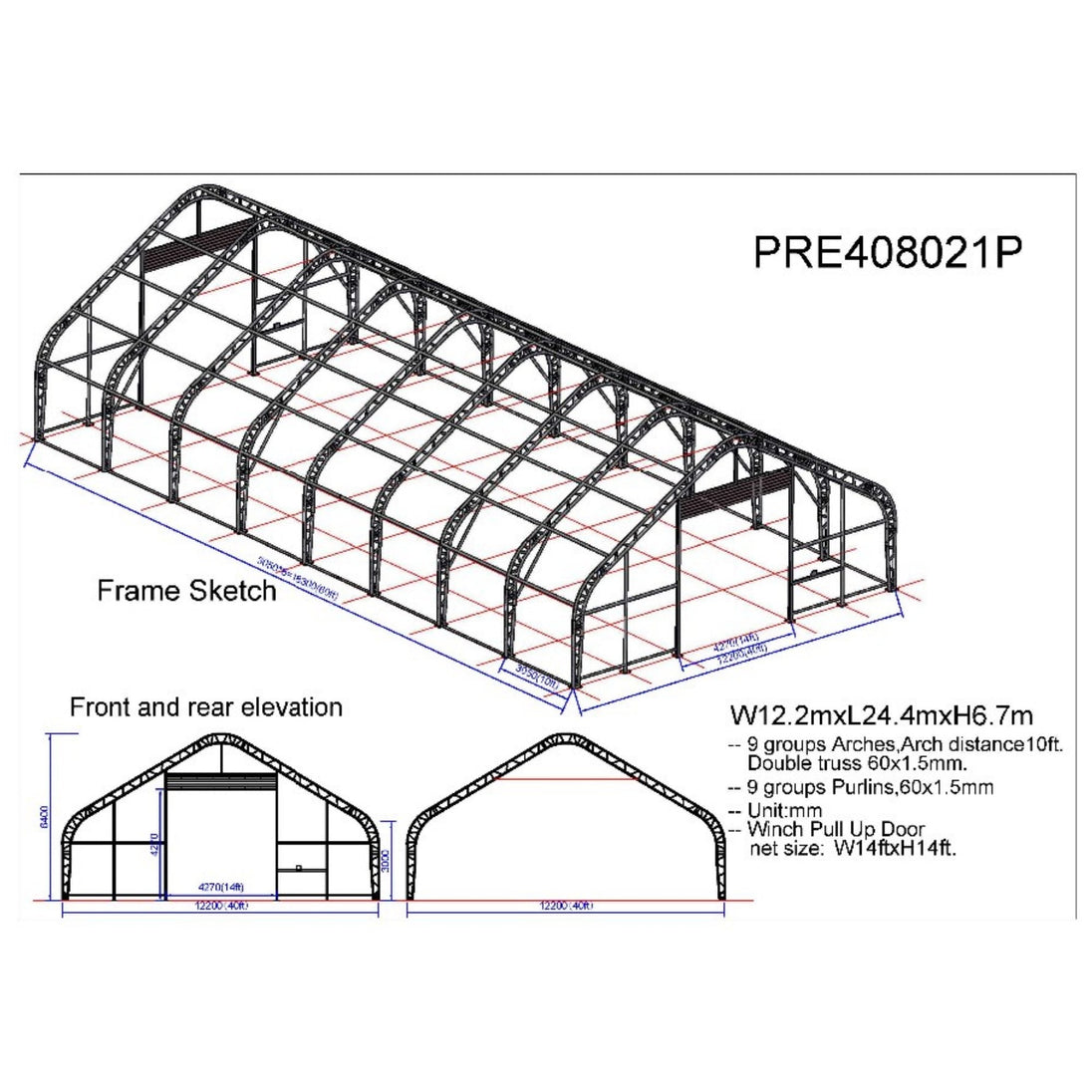 Chery Industrial W40'xL80'xH21' Double Truss Storage Shelter, 10' Truss Spacing