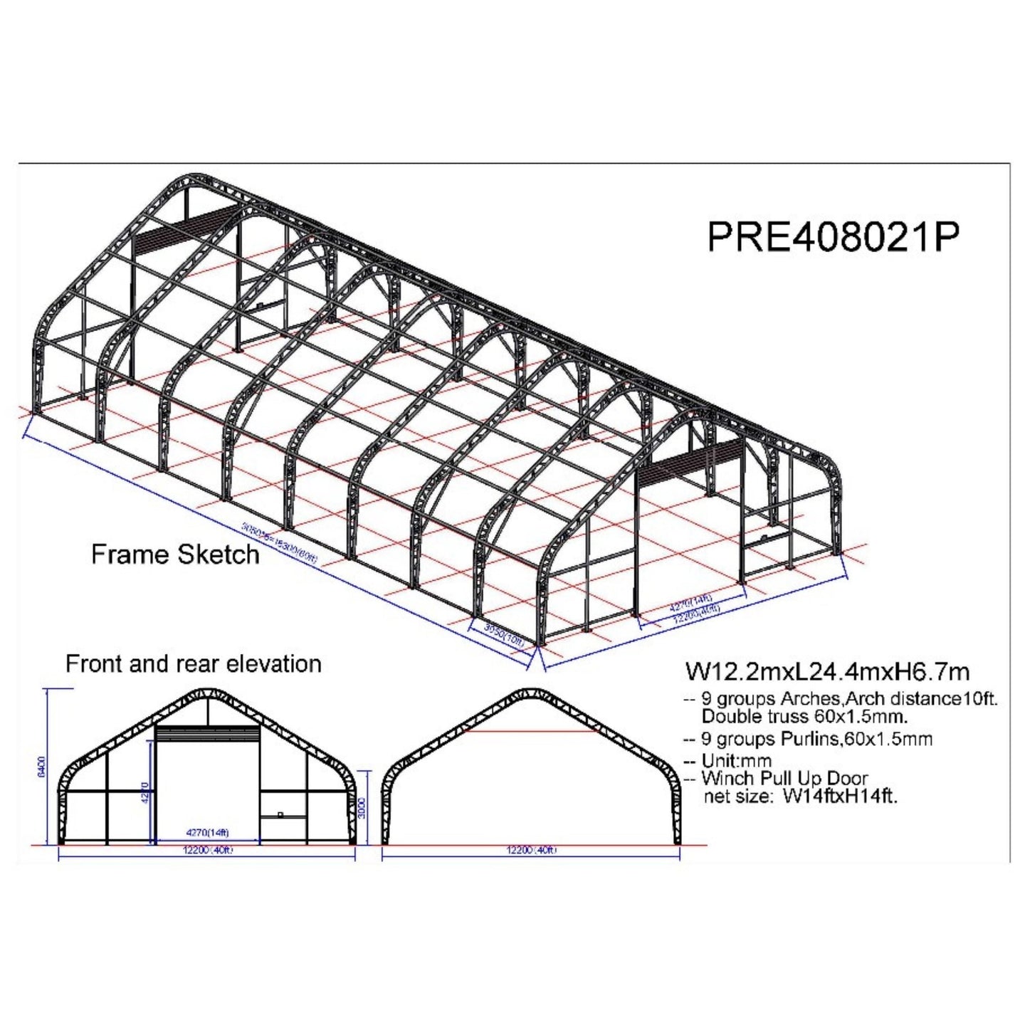 Chery Industrial W40'xL80'xH21' Double Truss Storage Shelter, 10' Truss Spacing