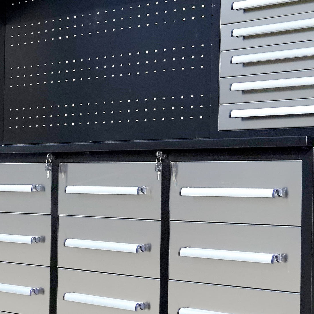 Chery Industrial 10ft Workbench Cabinet(30 Drawers, 2 Cabinets & 1 Pegboard)