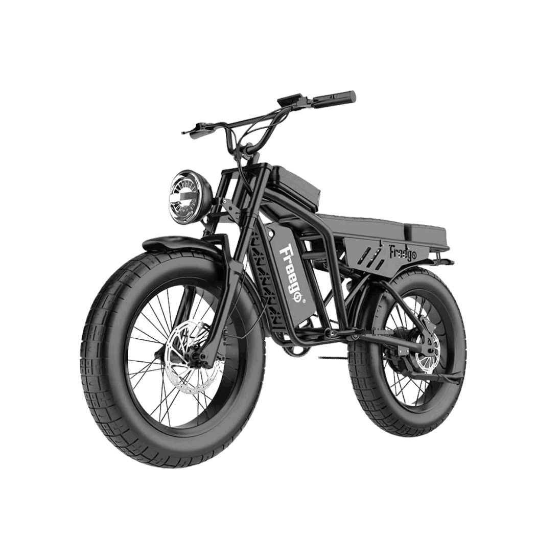 Black electric bike with 'Freewgo' branding on a gray background
