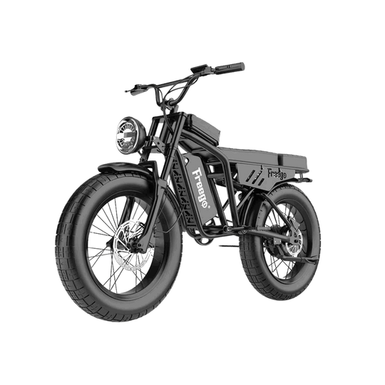 Black electric bike with 'Freewgo' branding on a gray background
