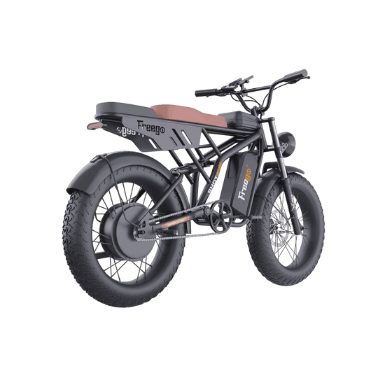 Electric bike with 'Freego' branding on a gray background