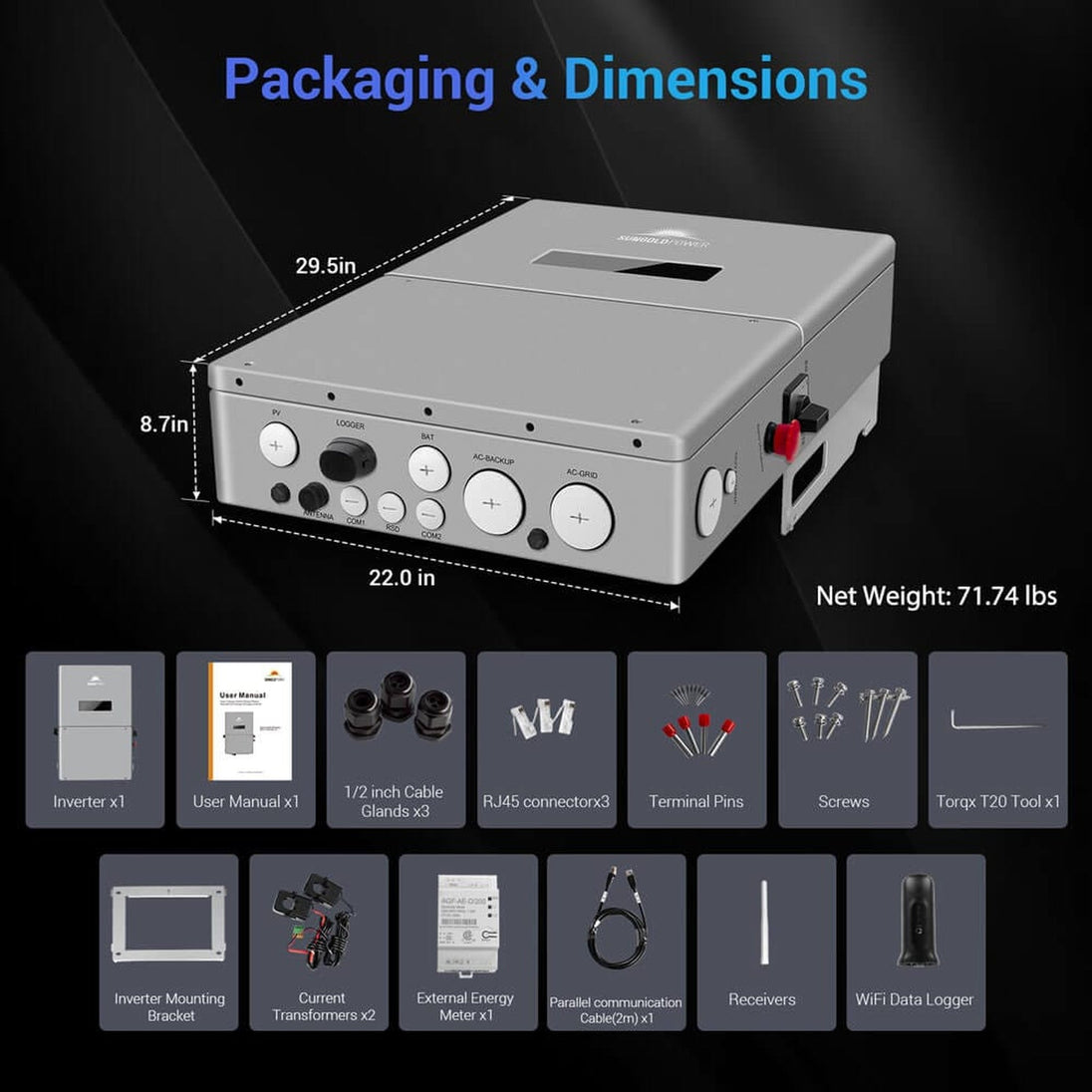 SUNGOLDPOWER | High Voltage 11.4KW Hybrid Split Phase Inverter with APS Transmitter SG11.4KHB-HV | SG11.4KHB-HV