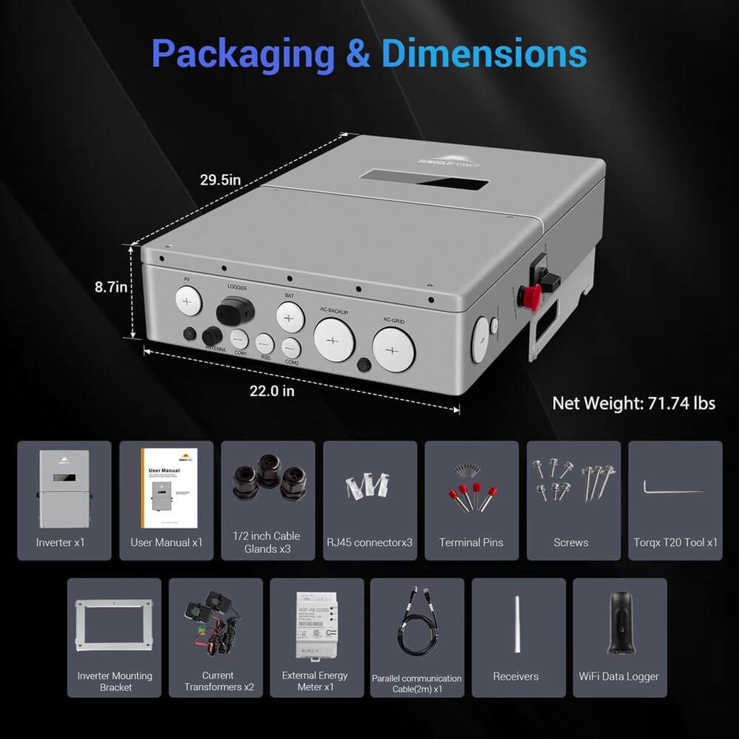 SUNGOLDPOWER | High Voltage 11.4KW Hybrid Split Phase Inverter with APS Transmitter SG11.4KHB-HV | SG11.4KHB-HV