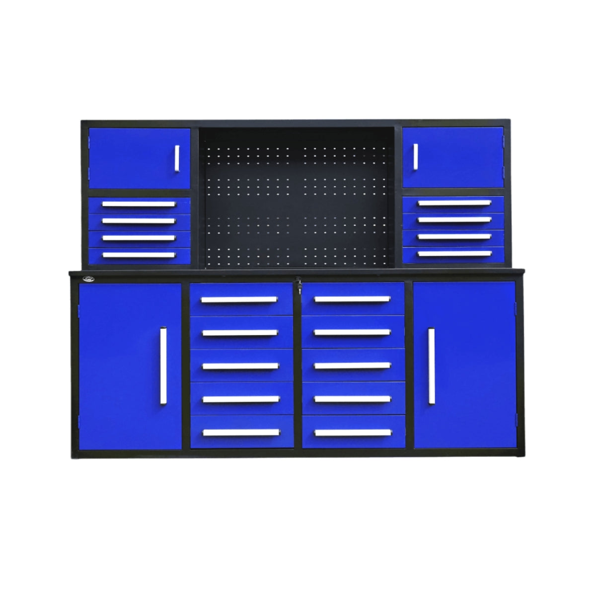 Chery Industrial 7 ft Garage Workbench Cabinet (18 Drawers & 4 Cabinets & Pegboard)