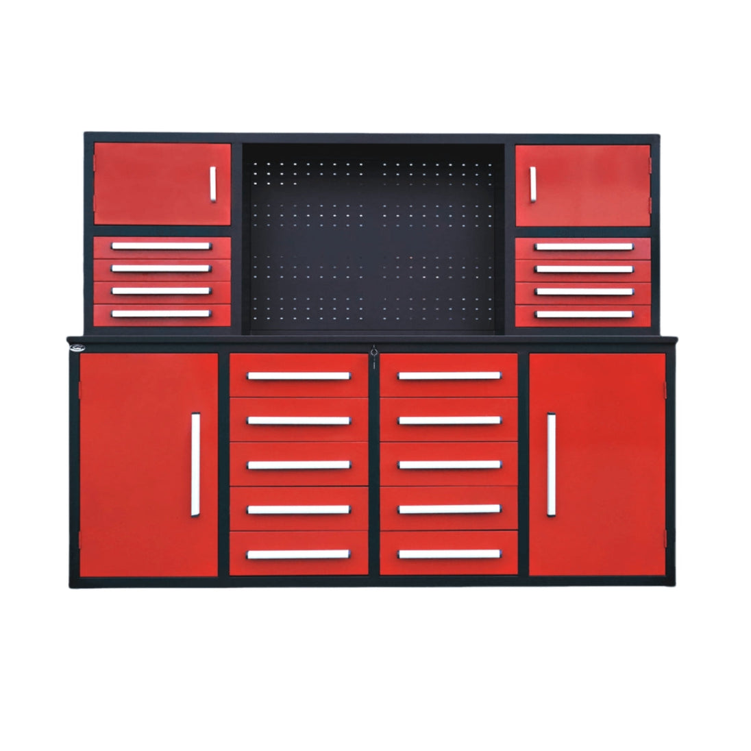 Chery Industrial 7 ft Garage Workbench Cabinet (18 Drawers & 4 Cabinets & Pegboard)