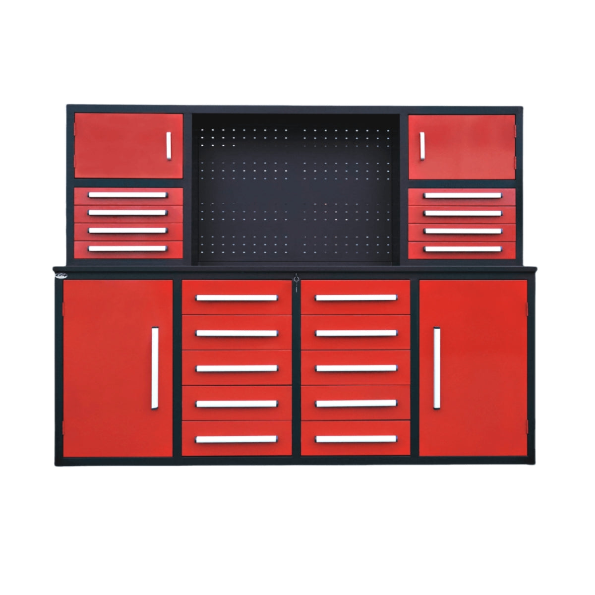 Chery Industrial 7 ft Garage Workbench Cabinet (18 Drawers & 4 Cabinets & Pegboard)