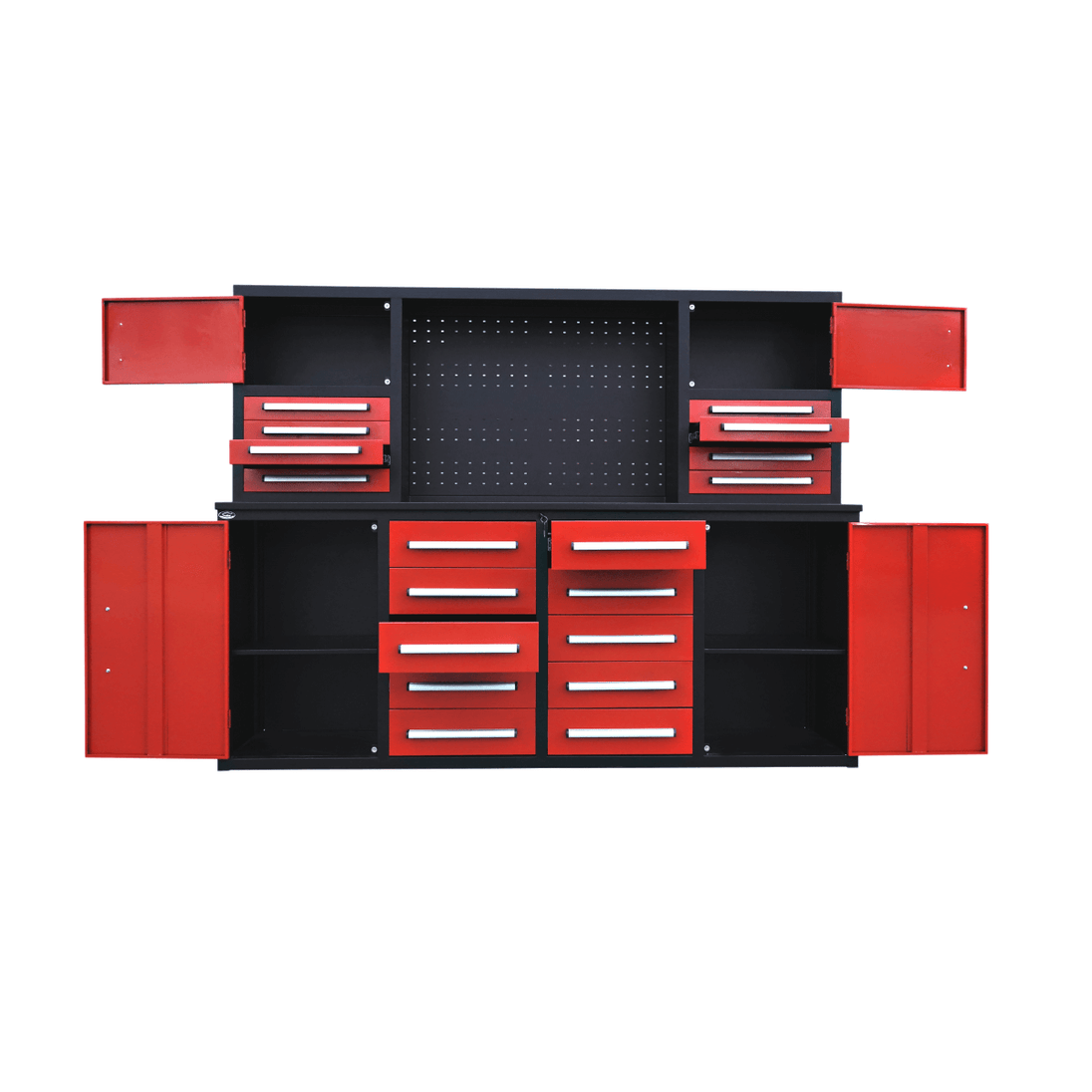 Chery Industrial 7 ft Garage Workbench Cabinet (18 Drawers & 4 Cabinets & Pegboard)