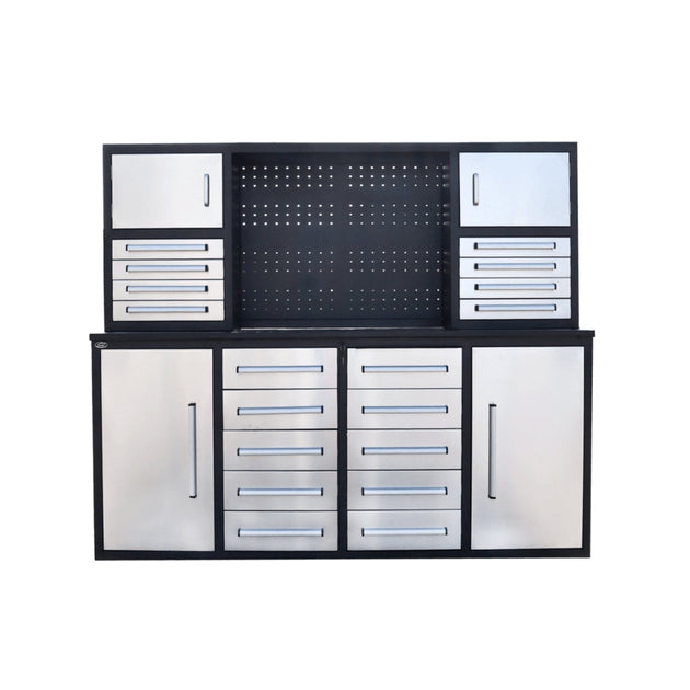 Chery Industrial | 7 ft Garage Workbench Cabinet (18 Drawers & 4 Cabinets & Pegboard)