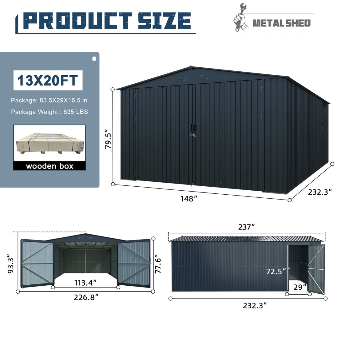 Chery Industrial 13'x20' Plus Upgraded Metal Garage Shed with Double Front Doors, Side Entry Door